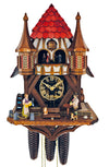 8-day Town Hall Schneider Cuckoo Clock with a spinning waterwheel, and a Waitress bringing Beer to a Bavarian Man with his Dachshund