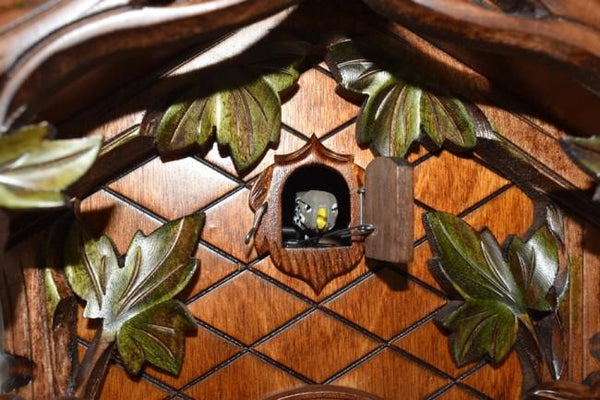 Cuckoo Bird looking out of his door surrounded by Ivy Leaves on a Traditional Schneider Cuckoo Clock