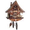 Dog standing next to Bavarian man drinking Beer looking at a Water Wheel on Engstler Chalet Cuckoo Clock