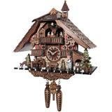 Traditionally dressed Black Forest woman ringing the bell on this beautiful cuckoo clock. Stunning details are on the chalet type house with the red shutters. there is even  a st. bernard and a deer in front of the house. 