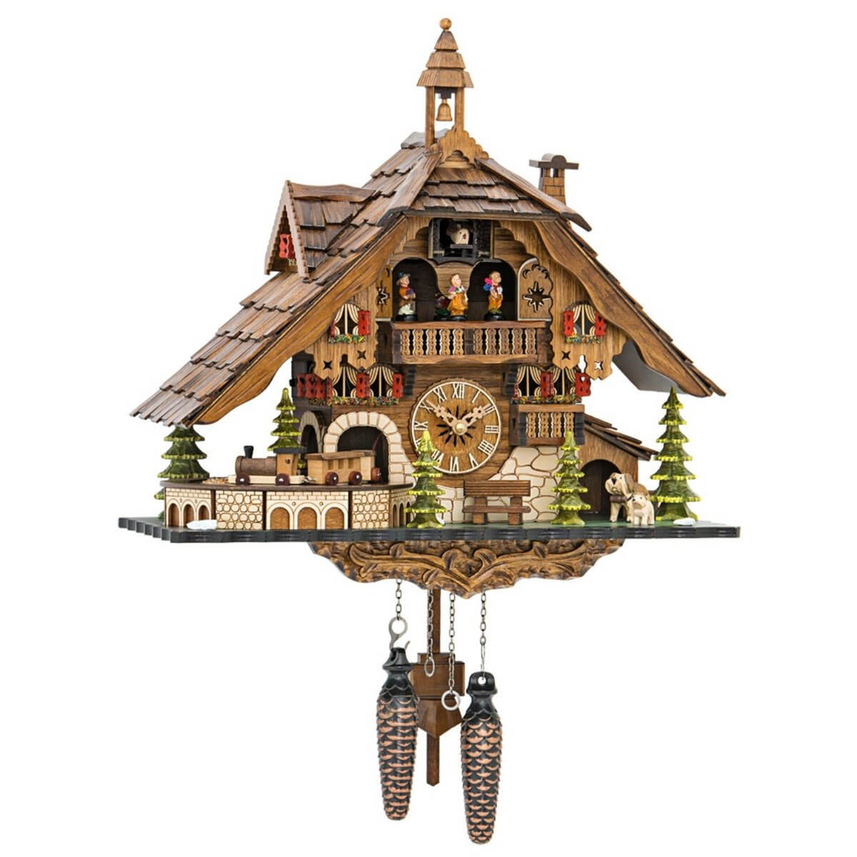 Authentic Black Forest cuckoo clock by Engstler, featuring chalet-style design with animated dancers, woodcutters, a waterwheel, and a moving train – handcrafted in Germany