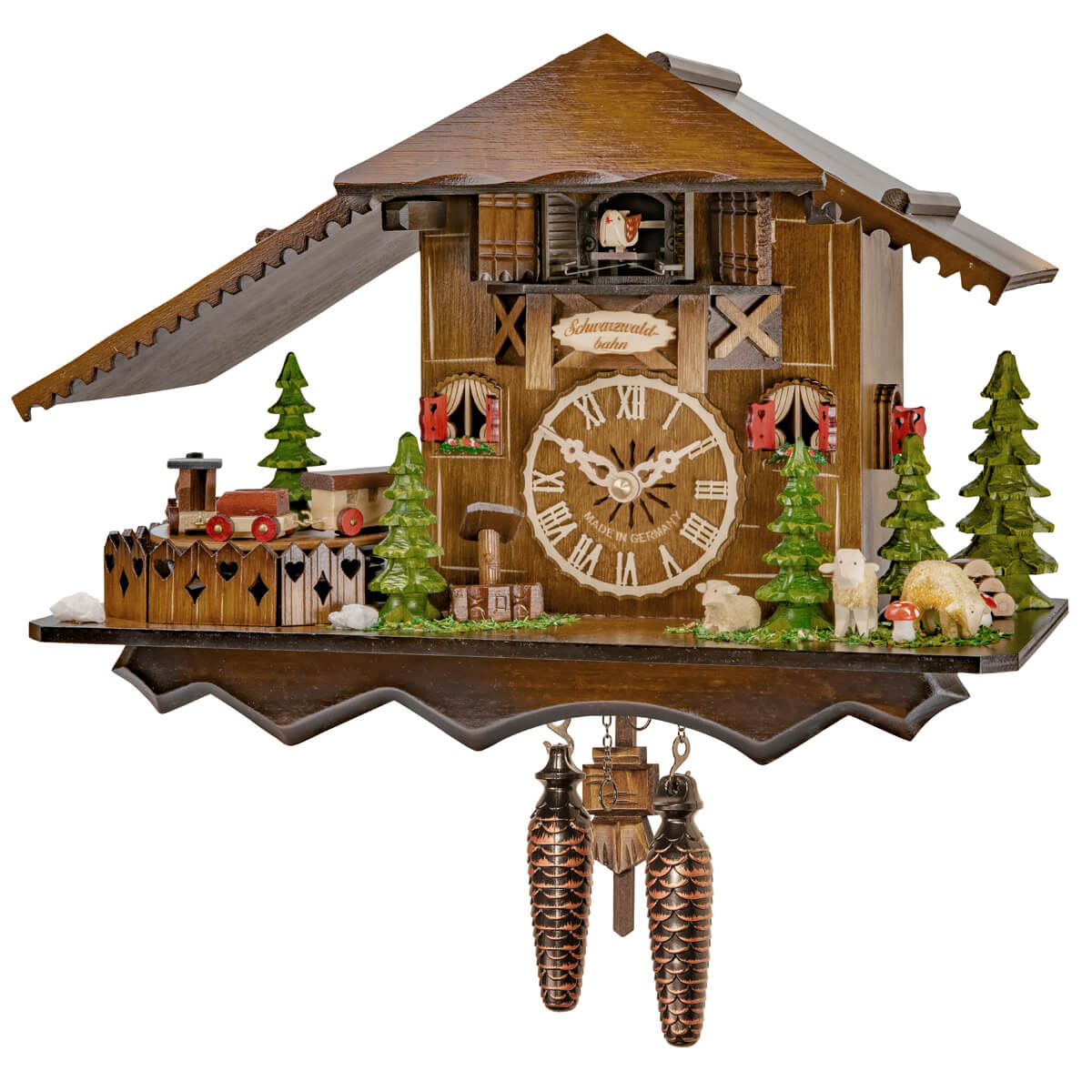 Beautiful Quartz Cuckoo Clock with a little train going in circles and sheep standing on pasture.. Above the dial is a sign 