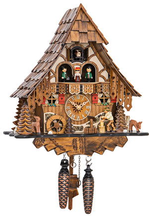 Two Fawns on an Engstler Chalet Black Forest Cuckoo Clock with a Wood Chopper and turning Water Wheel