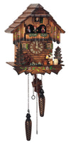 Quartz Schneider Timber Wood Chalet Coocoo clock. A green fir tree sits beside a spinning waterwheel on the left of the clock. A man is drinking beer at a table on the right, next to a keg and a green tree; Two windows beside the clock dial have green shutters and window boxes with flowers. Dancers spin on a balcony above. The cuckoo comes out from a door above the dancers. The roof has shingles.