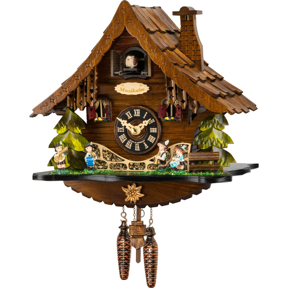 Cuckoo Bird above Bavarian Oompah Band playing on an Engstler Chalet Black Forest Cuckoo Clock Musikalm