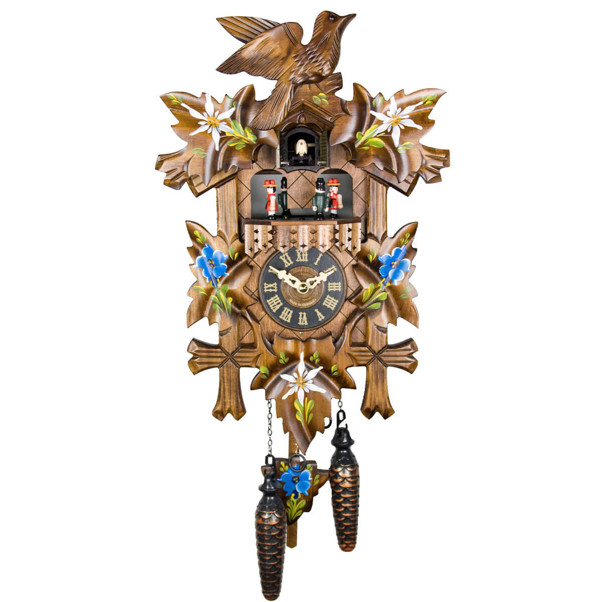 Quartz Cuckoo Clock HandPainted Edelweiss, Enzian, & Whirling Dancers Fehrenbach Black Forest