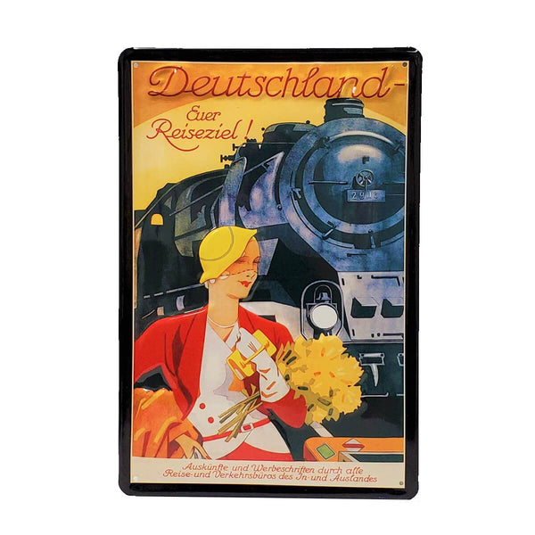 Metal vintage advertising sign for Deutschland Railroad. An elegant woman dressed in vintage attire stands in front of a passenger locomotive.