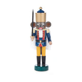 Straight from the pages of the classic German story, the Nutcracker and the Mouse King, comes the great Mouse King in the form of a nutcracker! This stunning hand carved nutcracker is dressed in truly royal attire. His blue and red uniform jacket sets off the yellow pants and black boots. The mouse king holds a sword in his right hand and wears his golden crown proudly. The glaze brushed over this nutcracker brings out the beautiful details in the wood grain.