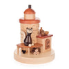 This unique wooden German Smoker features a traditional woodburning stove complete with a cat sitting on the bench, warming itself. Other featured details are  bowls, jugs on the furnace part and a pile of wood ready for burning. The top of the smoker can be lifted off to add incense, creating a delightful aroma.