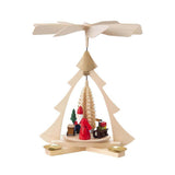 This hand-carved Christmas pyramid features a single tier design with a meticulously made natural Christmas tree out of delicate wood shavings. Around the tree is Santa in classic red holding a little green Christmas tree and pulling a sleigh laden with Christmas presents. A boy is pulling a toy train behind him.