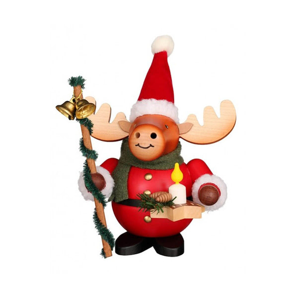 Christian Ulbricht Elk Santa Claus smoker in a red suit with white fur trim, green scarf, holding a candle and a festive staff wrapped with pine garland and bells.