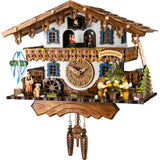 Engstler quartz chalet clock showcasing a Bavarian biergarten with dancers, moving beer drinkers, spinning waterwheel, and details of a waitress, dog, deer, and Bavarian maypole.