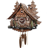 1 day chalet cuckoo clock featuring a wooded tableau with a deer and a duo of bears, with one bear jumping up and down.