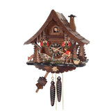 Deer and moving Fisherman with Fish in Basket and on Fishing Rod on Engstler Chalet Black Forest Cuckoo Clock