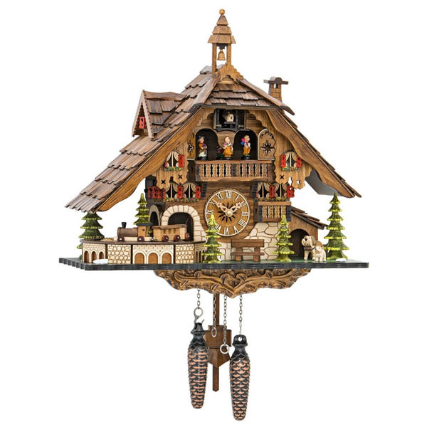 Authentic Black Forest cuckoo clock by Engstler, featuring chalet-style design with animated dancers, woodcutters, a waterwheel, and a moving train – handcrafted in Germany
