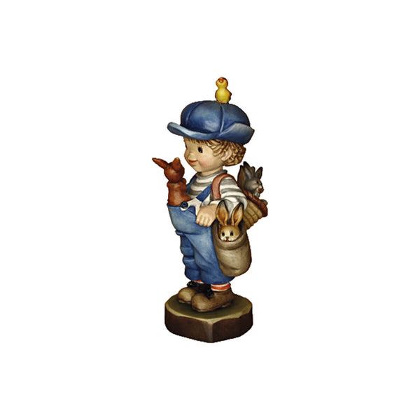 Anri Ferrandiz little boy with bunnys in a bag, a basket and a chick on his hat