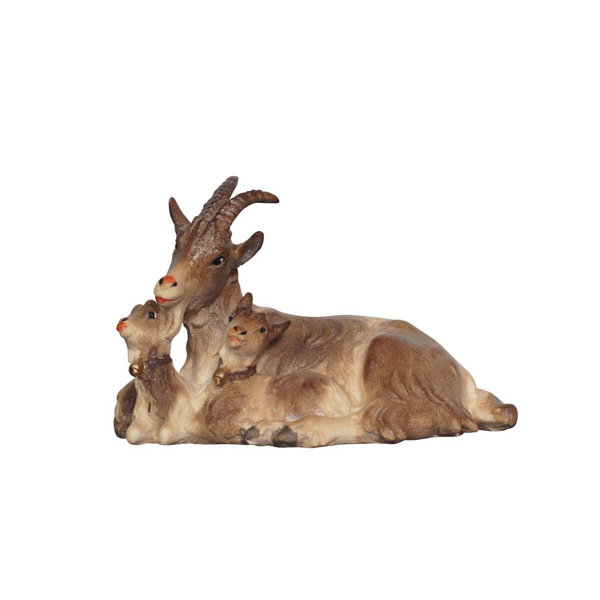 This PEMA Kostner Nativity piece is hand-carved and hand-painted. The Mom goat is lying down between her two kids, one on each side. The kids wear a collar with bell and are offered in a true-to-life color. Make this beautiful piece of art the centerpiece of your home this festive season.