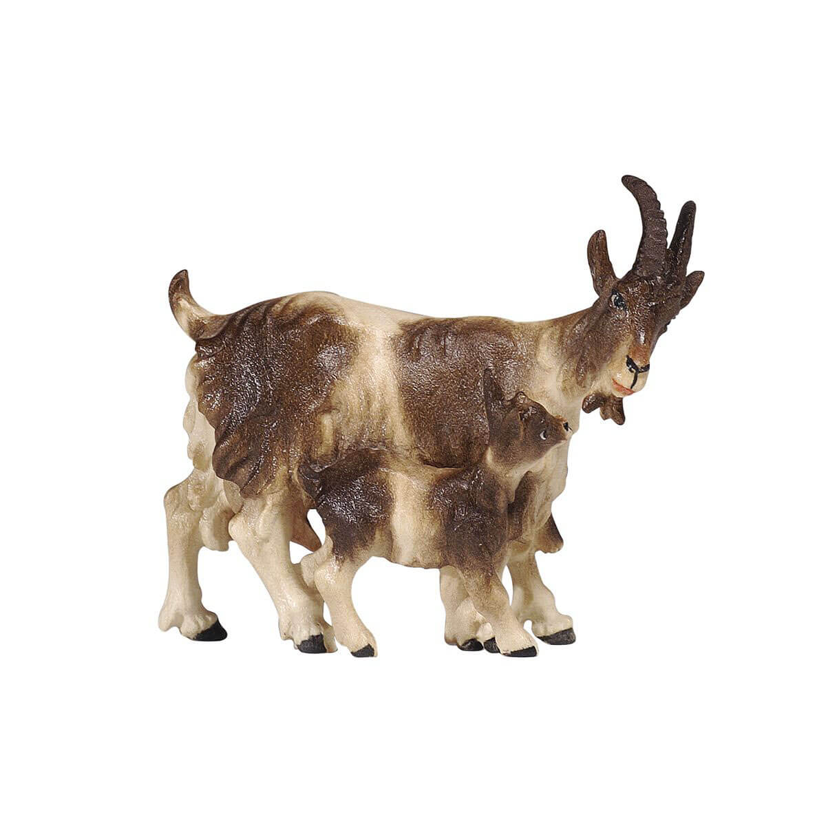 This PEMA Kostner Nativity piece includes a white-brown standing mother goat with her kid standing beside her. The Mom has her head turned right, looking down to her kid. The baby goat looks up attentively to its proud Mom. This piece is made with attention to detail and is sure to create a beautiful display in any home.