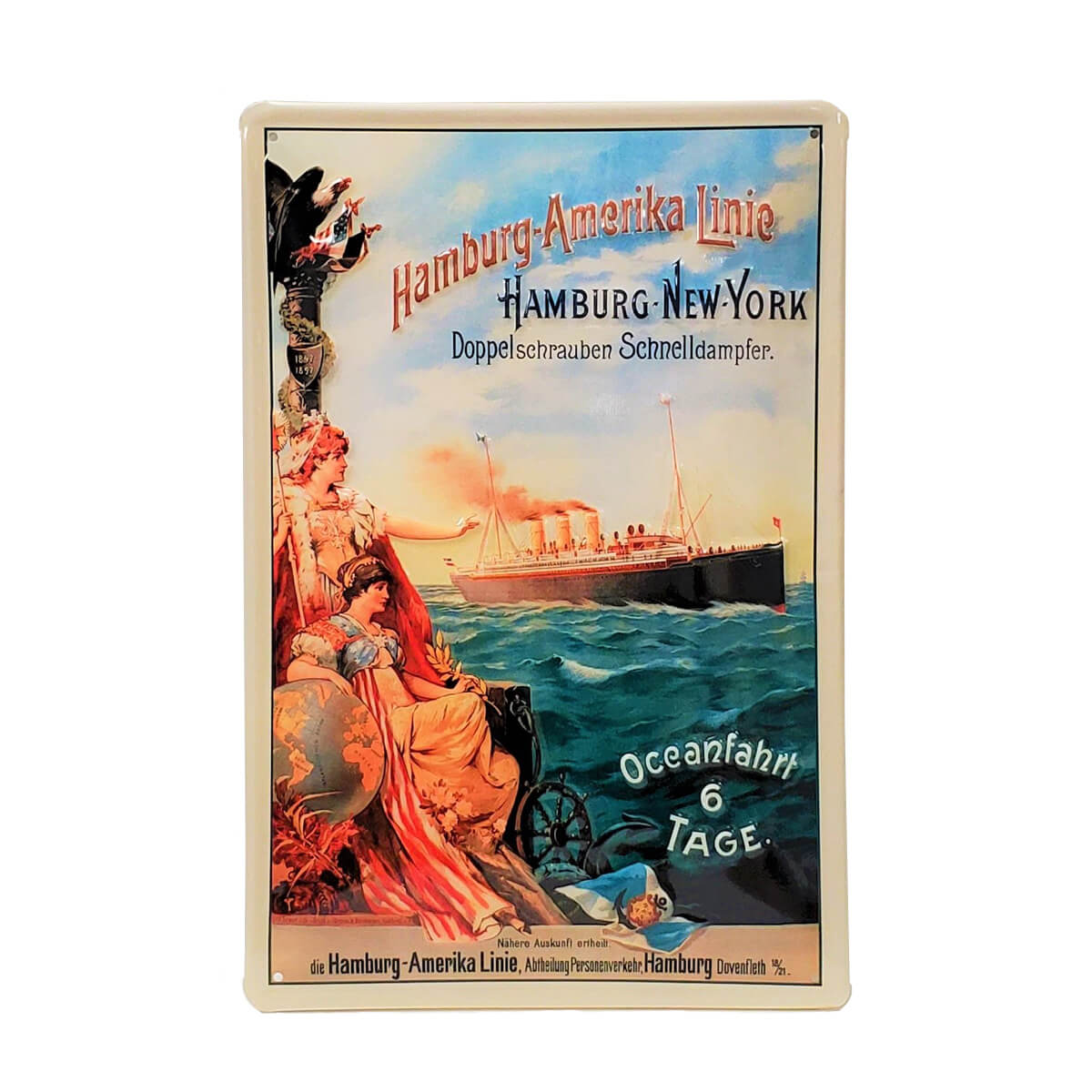 Metal sign of vintage advertisement for the Hamburg-America ocean liner. Two women representing Germany and the United States watch on the left side, looking at a ship passing by in the ocean in the center.