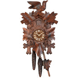 Five Ivy Leaves frame a Traditional Hekas Black Forest Cuckoo Clock with an ornate carved Bird on Top