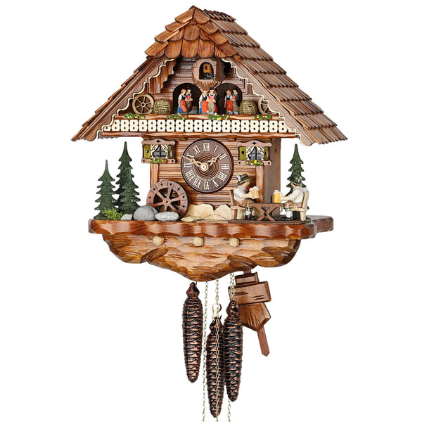 Two Bavarian Men drinking Beer next to a Water Wheel on a Hekas Chalet Black Forest Cuckoo Clock