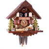 Bavarian man chopping wood  in front of a chalet cuckoo clock. Next to him is a St. Bernard waiting patiently