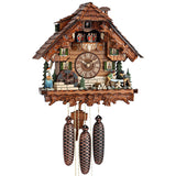 Black Forest Woman with Basket watching two Bavarian Men sawing Wood on a Hekas Chalet Cuckoo Clock