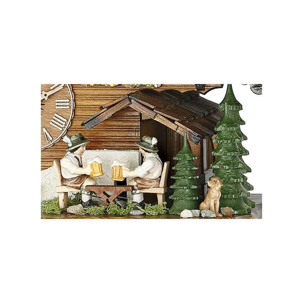 Dog sitting in front of Fir Trees watching two Bavarian Men drinking Beer on a Hekas Chalet Cuckoo Clock