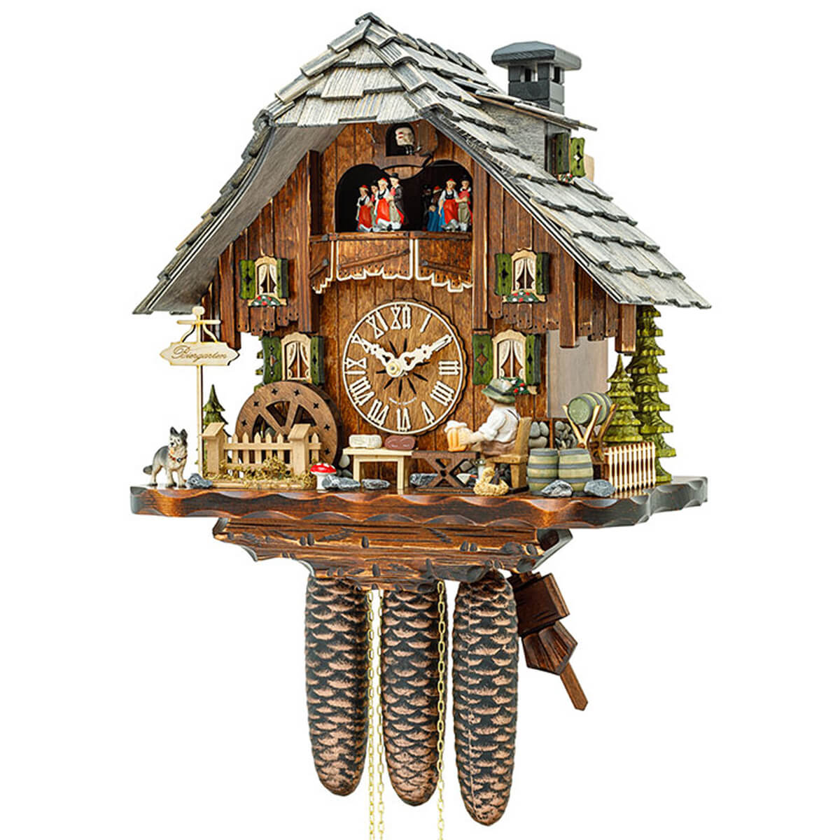 Hekas 8 day clock with music, moving beer drinkers, water wheels, and dancers.