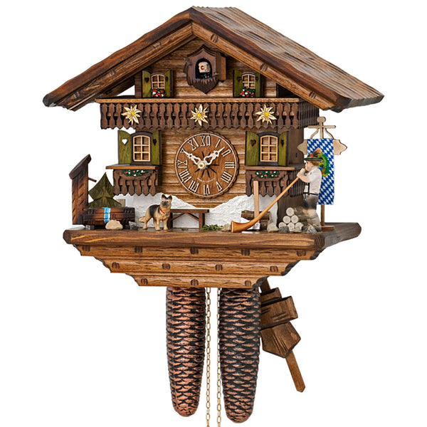 Dog watching an Alphorn Blower next to Bavarian Flag on a Hekas Chalet Black Forest Cuckoo Clock with Edelweiss