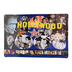 Decorative metal sign celebrating the golden age of Hollywood. The Hollywood sign letters are framed by scenes from classic films, as a filmstrip on the bottom shows popular actors from that period.
