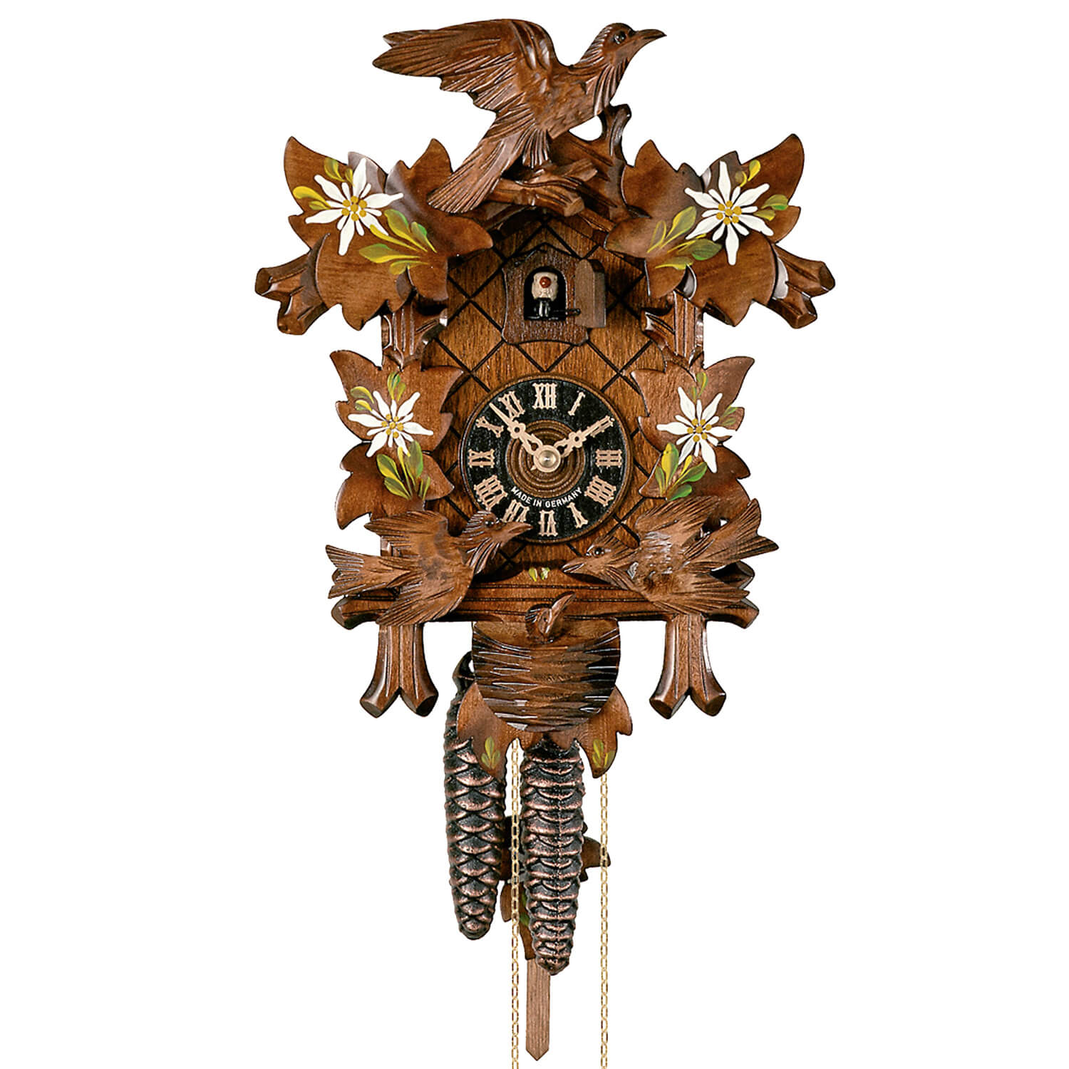 Hoken Clock Hönes 1-Day Cuckoo Clock with Moving Birds and Edelweiss Flowers