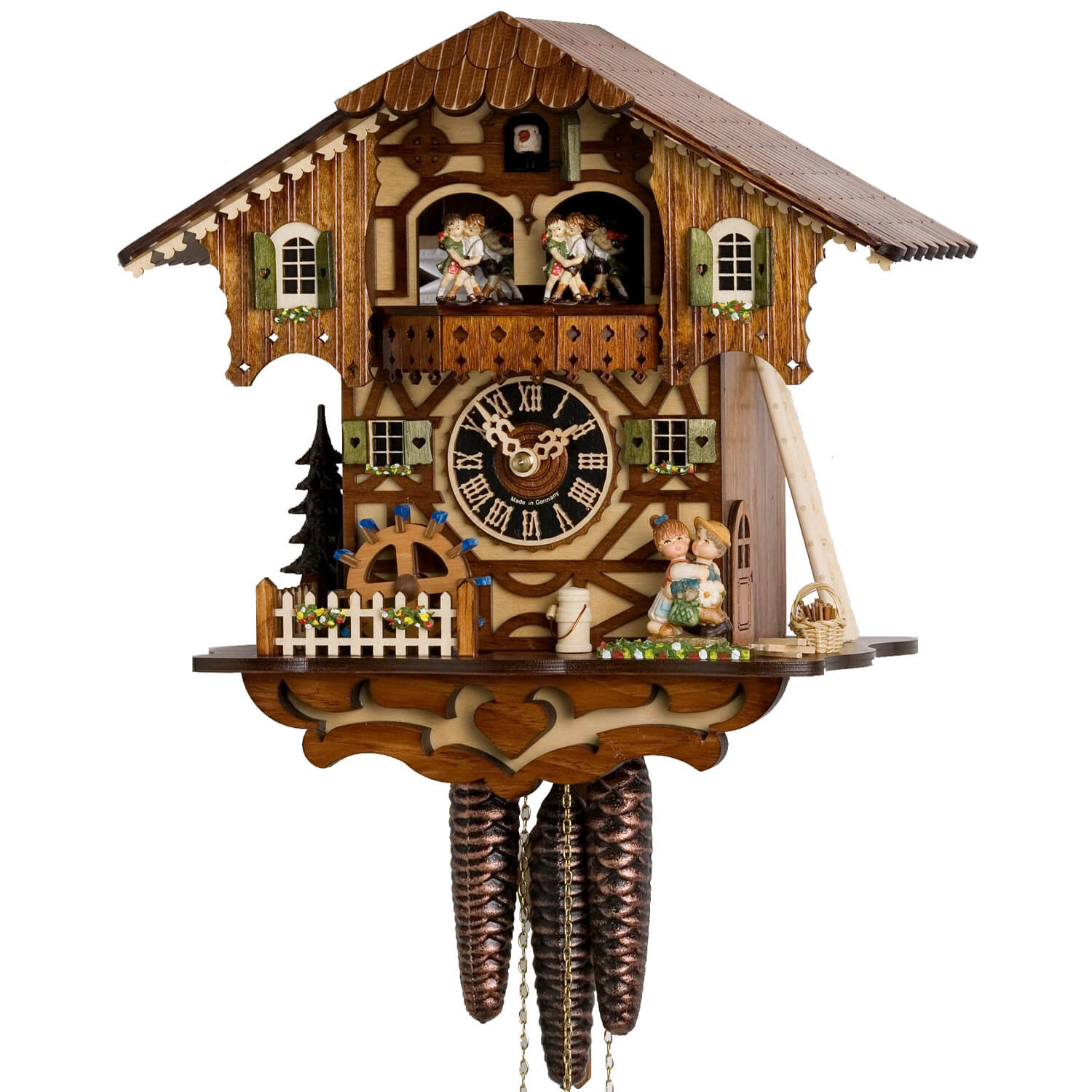 Hönes 1-Day Chalet Cuckoo Clock with Kissing Couple and Water Wheel Hönes 1-Day Chalet Cuckoo Clock with Kissing Couple and Water Wheel