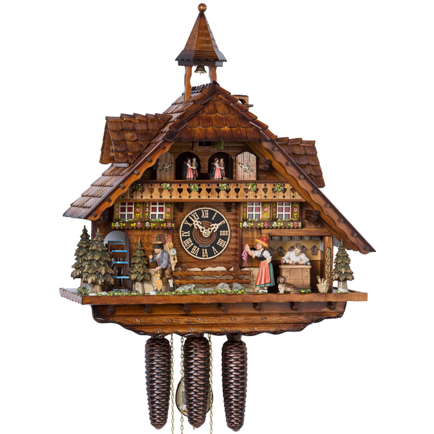 Hones 8 Day Chalet with Lights, Moving Clockmaker, Clock Peddler, Music, Dancers, and Wheel