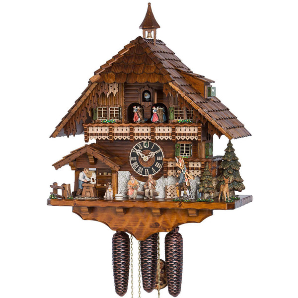 8-Day Black Forest cuckoo clock featuring a wood carver, hiking peddler, and spinning dancers, showcasing intricate craftsmanship and charming details in a traditional chalet design.