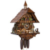 8-Day Cuckoo Clock with a moving hunter, spinning dancers, and a water wheel, featuring a charming forest house design in rich brown tones.