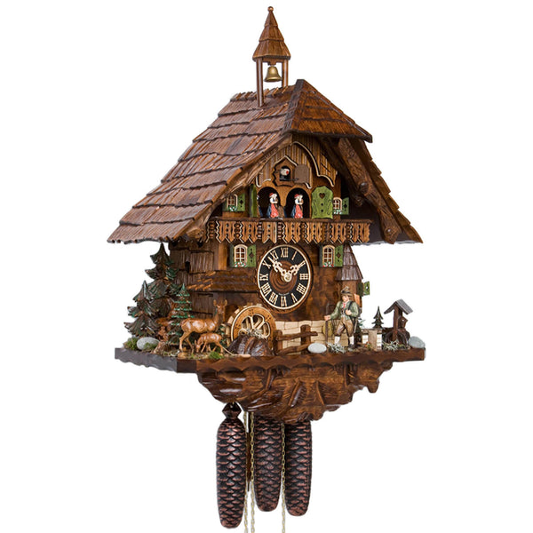 8-Day Cuckoo Clock with a moving hunter, spinning dancers, and a water wheel, featuring a charming forest house design in rich brown tones.