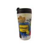 Thermal tavel mug with a sign saying "Germany, Europe" surrounded by various German landmarks.