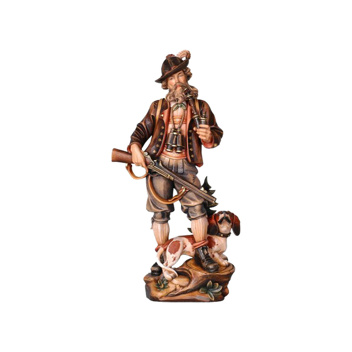Carved wooden statue of an alpine hunter, smoking a pipe and holding a rifle, with a dachshund by his feet.