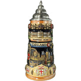 The front of the Beer Stein shows Buckingham Palace and the most famous sights of London (the River Thames with Tower & London bridges, the London Eye Ferris wheel) as well as a member of the Queen's Guard.