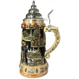 This hand-painted relief beer stein shows a panorama of notable scenes and landmarks from England including: Hyde Park, Manchester, Liverpool & Birmingham.