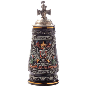 old German / Prussian Eagle is represented in great detailed relief on the Beer Stein. Above is the word "Deutschland" and underneath the word "Germany". The Pewter Lid is topped with a bust of Wilhelm II