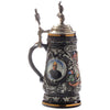 Black Beer Stein with silver accents and a portrait of Wilhelm II .The Pewter Lid is topped with a bust of Wilhelm II