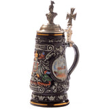  Black painted Beer Stein with silver Accents and a painting of the Brandenburg Gate .The Pewter Lid is topped with a bust of Wilhelm II