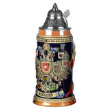 Majestic looking Beer Stein with the Coat of Arms of the Austrian Empire. and the crests of the States. The dark colored Background highlights  the bright colors and the gold  on the Eagle.