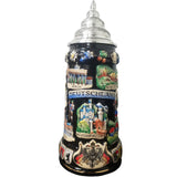 KING Beer Sein with ornate Pewter Lid. The dark base color makes the sights from the different cities stand out. On the front you can see the Brandenburg Gate in Berlin, the Heidelberg Castle and Neuschwanstein Castle. Above Neuschwanstein is a banner with the inscription Germany and below the German eagle with two German flags.