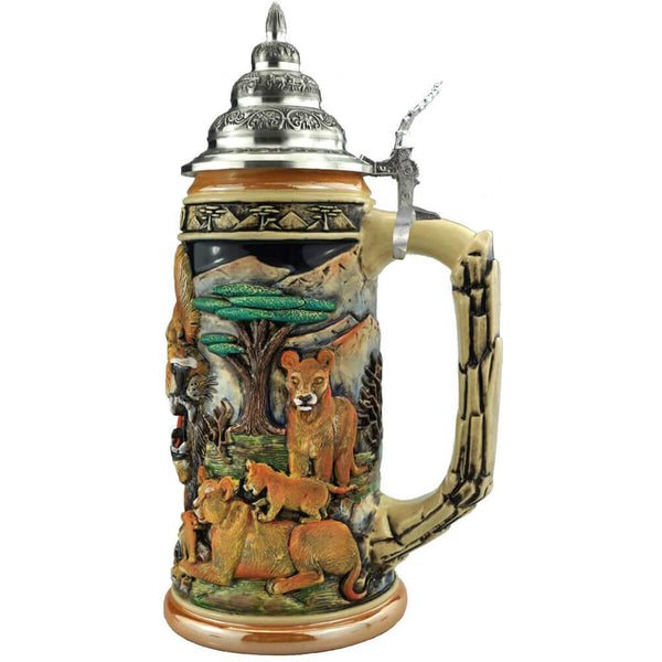 Beer mug with female lions enjoying the tranquility of the Savanna in Africa with their cubs.