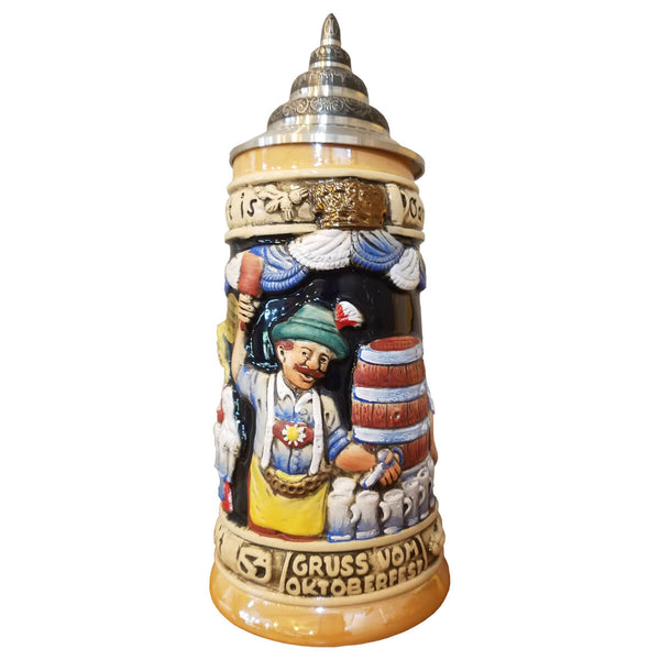 Oktoberfest Beer Stein with a brewer at the keg tapping 