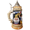 Oktoberfest Beer Stein with a waitress in her dirndl bringing several beer mugs to the tables.