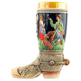 Ceramic KING beer boot with a hunter and his dog. The hunter talks excitedly with a girl
